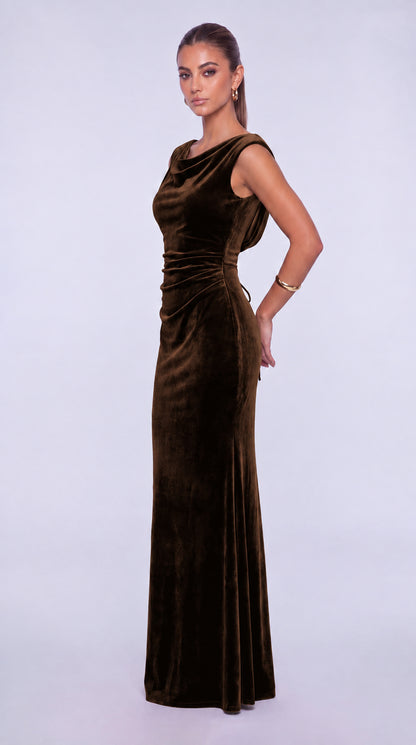 Sleeveless Velvet Cowl-Neck Ruched Lace-Up Open Back Mermaid Gown – Prom & Evening Dress - Brown - View 5