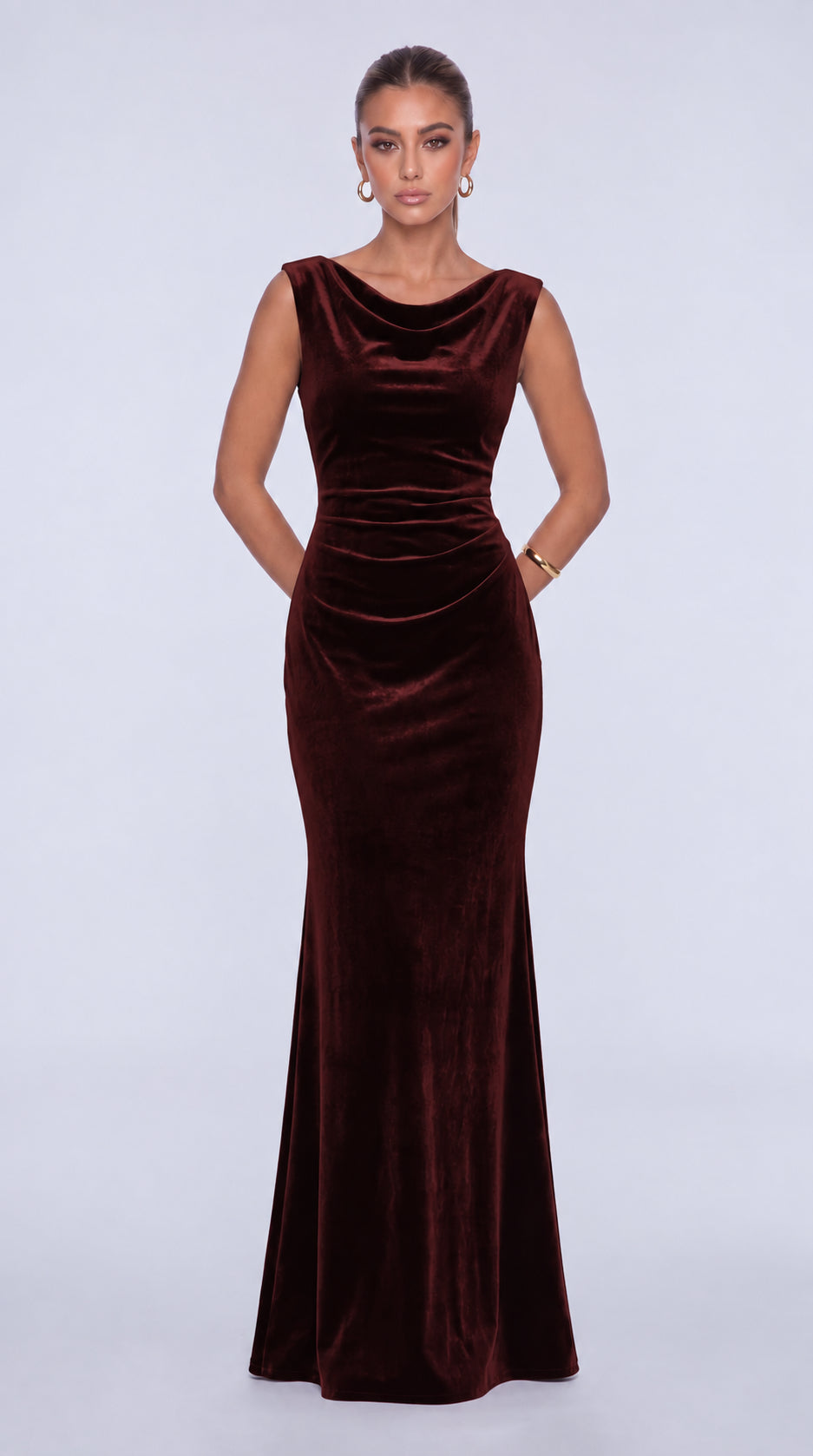 Sleeveless Velvet Cowl-Neck Ruched Lace-Up Open Back Mermaid Gown – Prom & Evening Dress - Burgundy - View 1