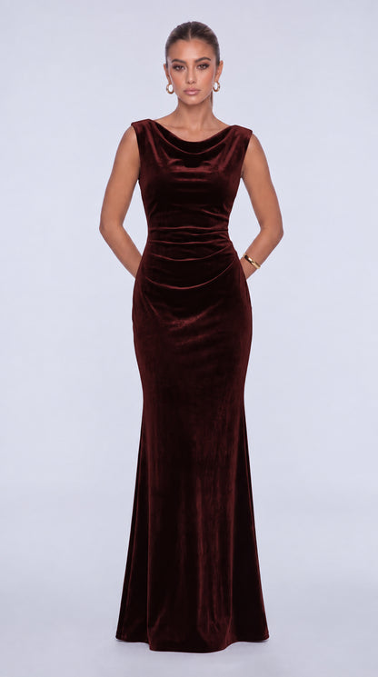 Sleeveless Velvet Cowl-Neck Ruched Lace-Up Open Back Mermaid Gown – Prom & Evening Dress - Burgundy - View 1