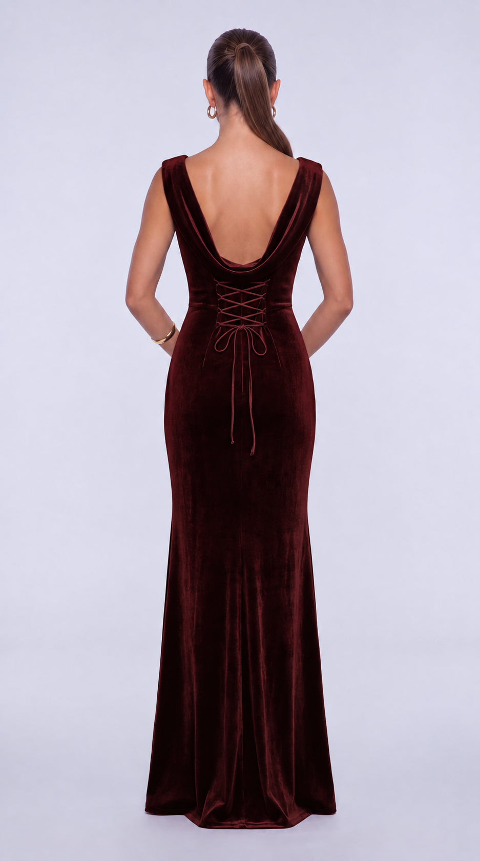 Sleeveless Velvet Cowl-Neck Ruched Lace-Up Open Back Mermaid Gown – Prom & Evening Dress - Burgundy - View 2
