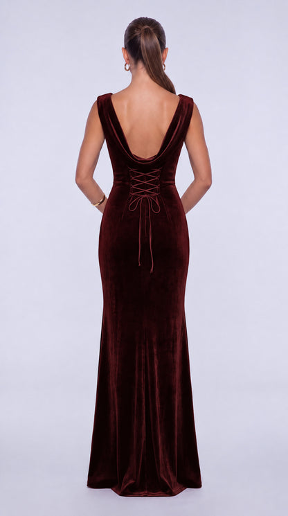 Sleeveless Velvet Cowl-Neck Ruched Lace-Up Open Back Mermaid Gown – Prom & Evening Dress - Burgundy - View 2