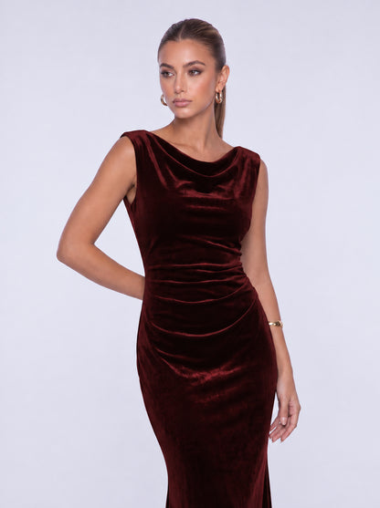 Sleeveless Velvet Cowl-Neck Ruched Lace-Up Open Back Mermaid Gown – Prom & Evening Dress - Burgundy - View 4