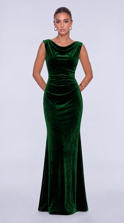Sleeveless Velvet Cowl-Neck Ruched Lace-Up Open Back Mermaid Gown – Prom & Evening Dress - Emerald Green - View 1