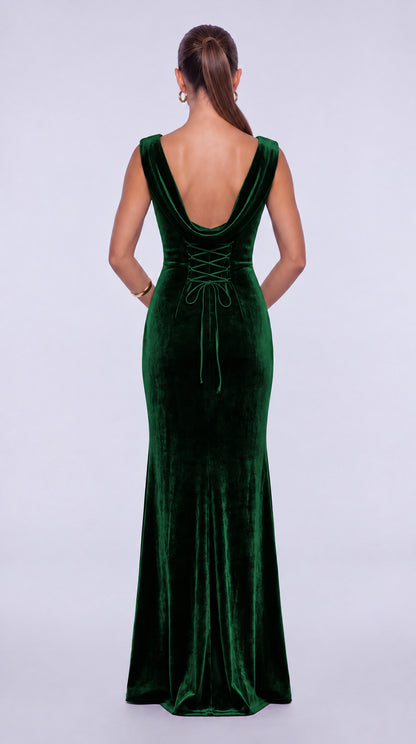 Sleeveless Velvet Cowl-Neck Ruched Lace-Up Open Back Mermaid Gown – Prom & Evening Dress - Emerald Green - View 2