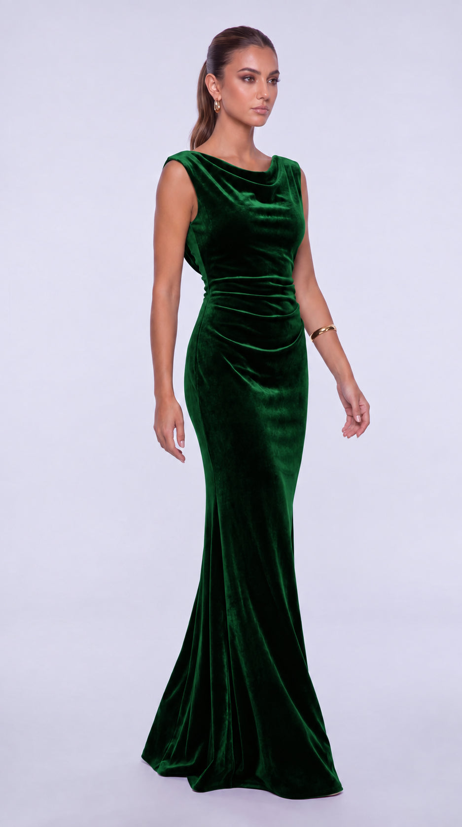 Sleeveless Velvet Cowl-Neck Ruched Lace-Up Open Back Mermaid Gown – Prom & Evening Dress - Emerald Green - View 3