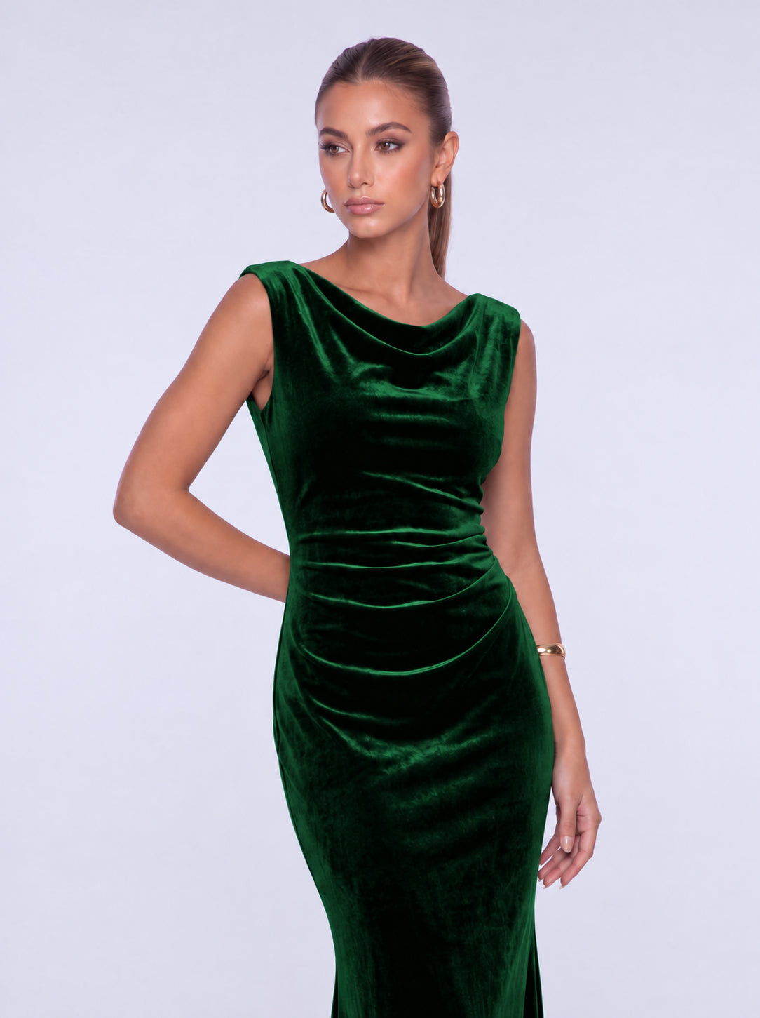 Sleeveless Velvet Cowl-Neck Ruched Lace-Up Open Back Mermaid Gown – Prom & Evening Dress - Emerald Green - View 4