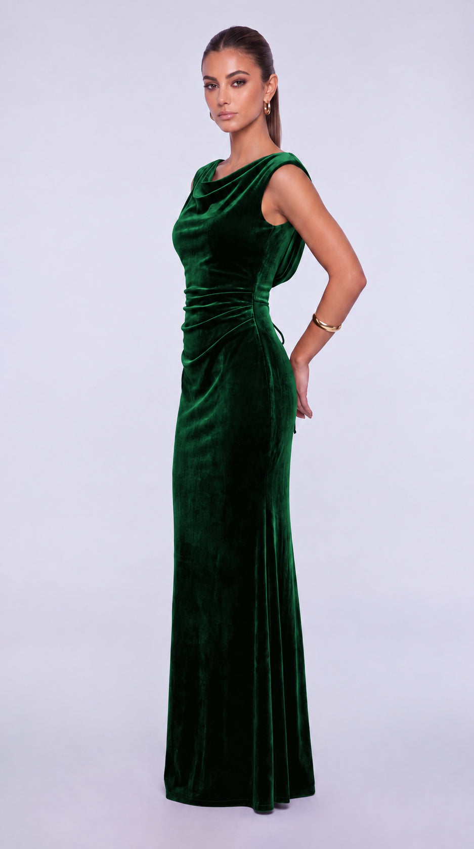 Sleeveless Velvet Cowl-Neck Ruched Lace-Up Open Back Mermaid Gown – Prom & Evening Dress - Emerald Green - View 5