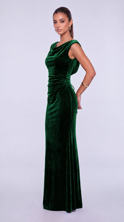 Sleeveless Velvet Cowl-Neck Ruched Lace-Up Open Back Mermaid Gown – Prom & Evening Dress - Emerald Green - View 5
