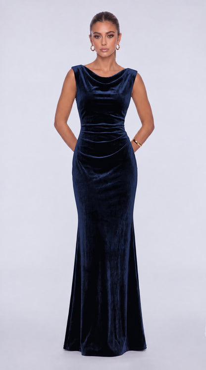 Sleeveless Velvet Cowl-Neck Ruched Lace-Up Open Back Mermaid Gown – Prom & Evening Dress - Navy Blue - View 1