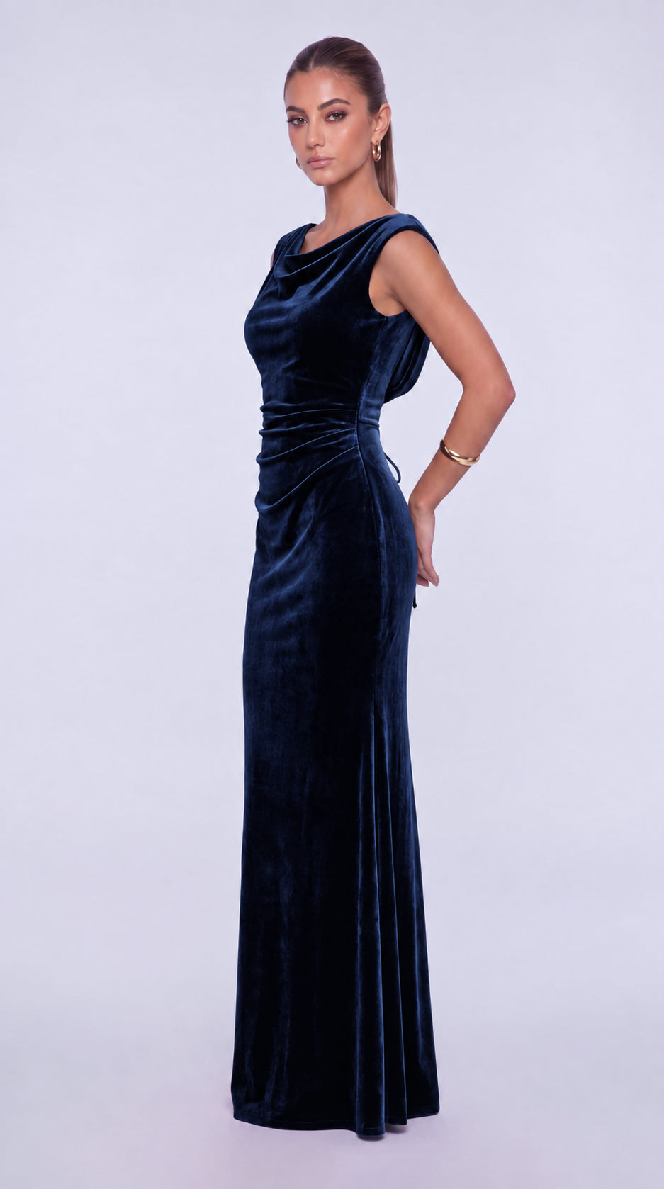 Sleeveless Velvet Cowl-Neck Ruched Lace-Up Open Back Mermaid Gown – Prom & Evening Dress - Navy Blue - View 5