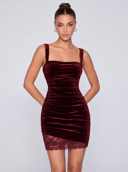 Square-Neck Ruched Velvet Lace-Up Back Lace-Trim Mini Dress – Party & Cocktail Dress - Burgundy - View 1