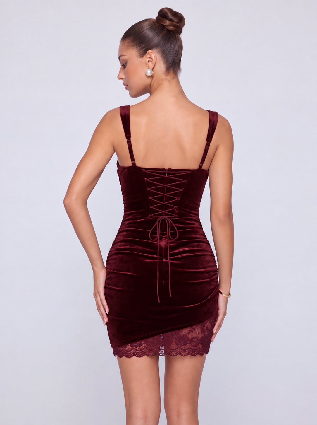 Square-Neck Ruched Velvet Lace-Up Back Lace-Trim Mini Dress – Party & Cocktail Dress - Burgundy - View 2