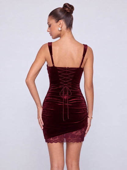 Square-Neck Ruched Velvet Lace-Up Back Lace-Trim Mini Dress – Party & Cocktail Dress - Burgundy - View 2