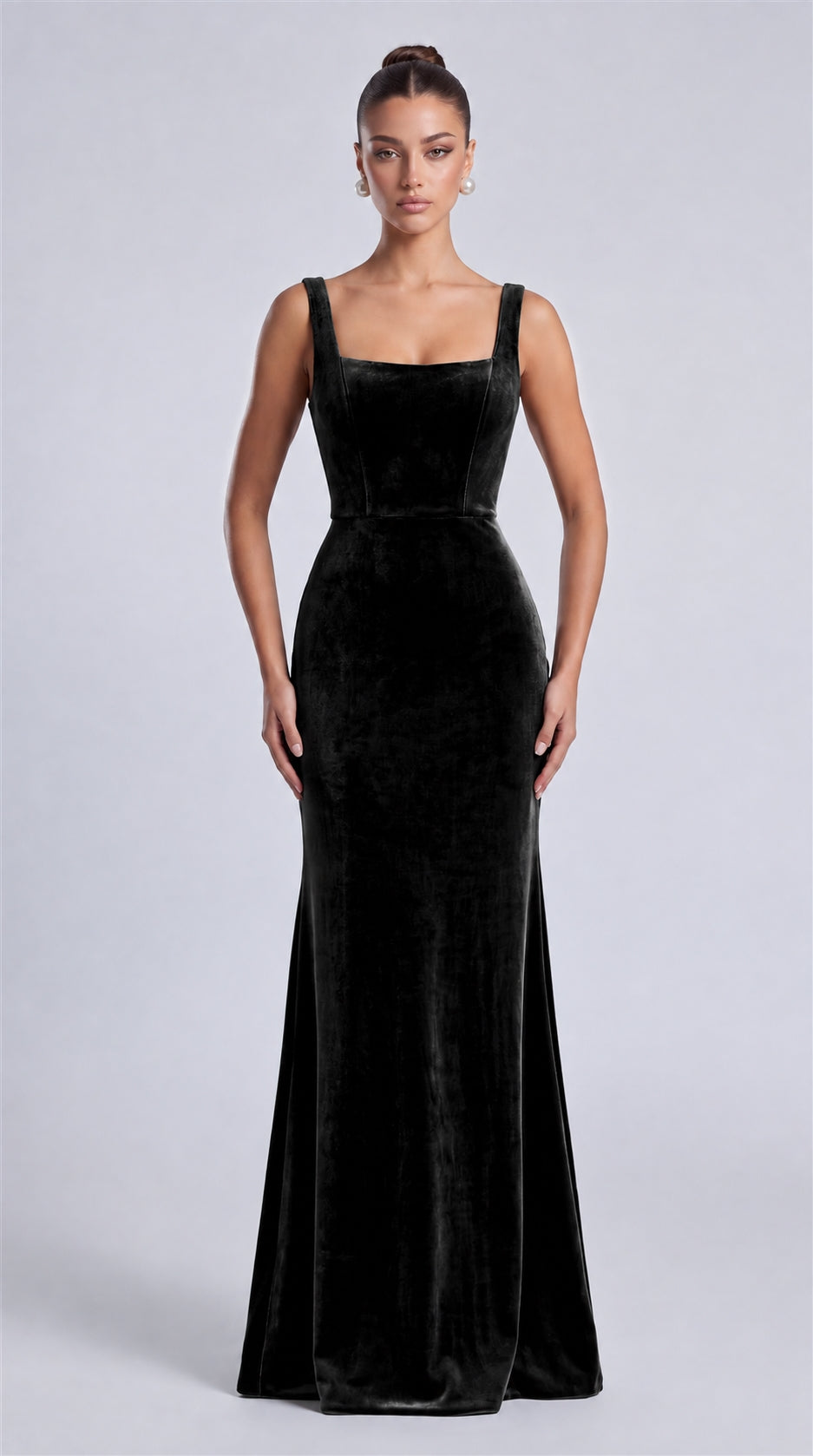 Black front view of MEXMY square-neck velvet mermaid maxi dress