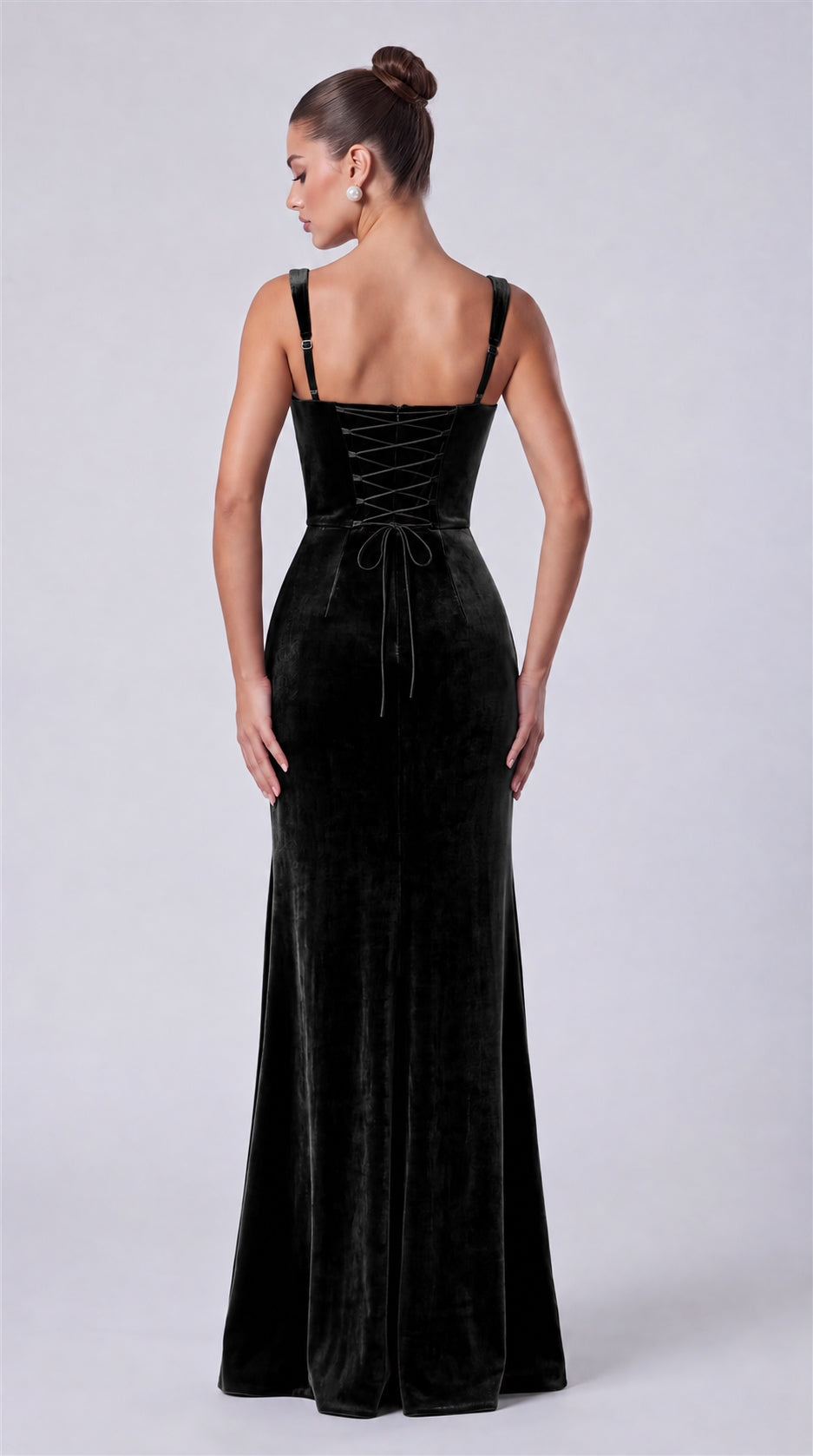 Black back view showing lace-up corset and adjustable straps on MEXMY velvet mermaid gown