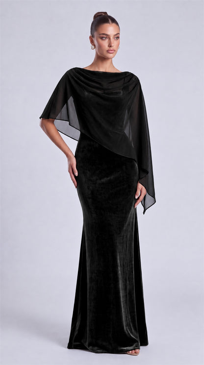 Black front view of MEXMY velvet mermaid evening dress styled with sheer chiffon cape