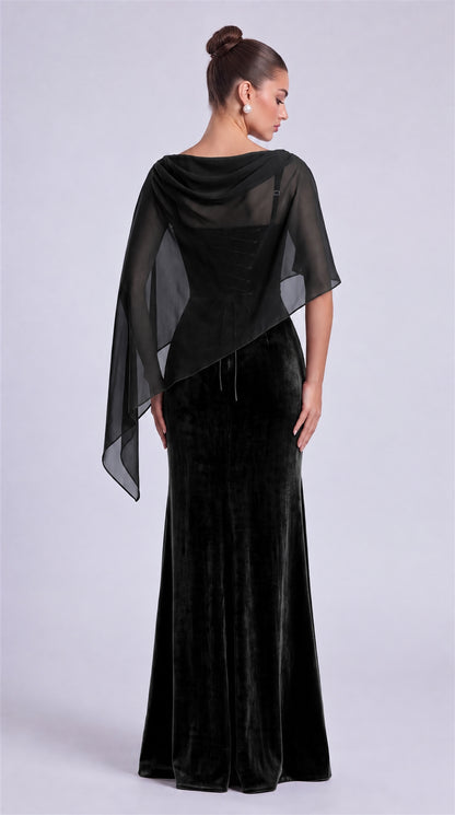 Black rear view of MEXMY velvet mermaid gown with sheer chiffon cape