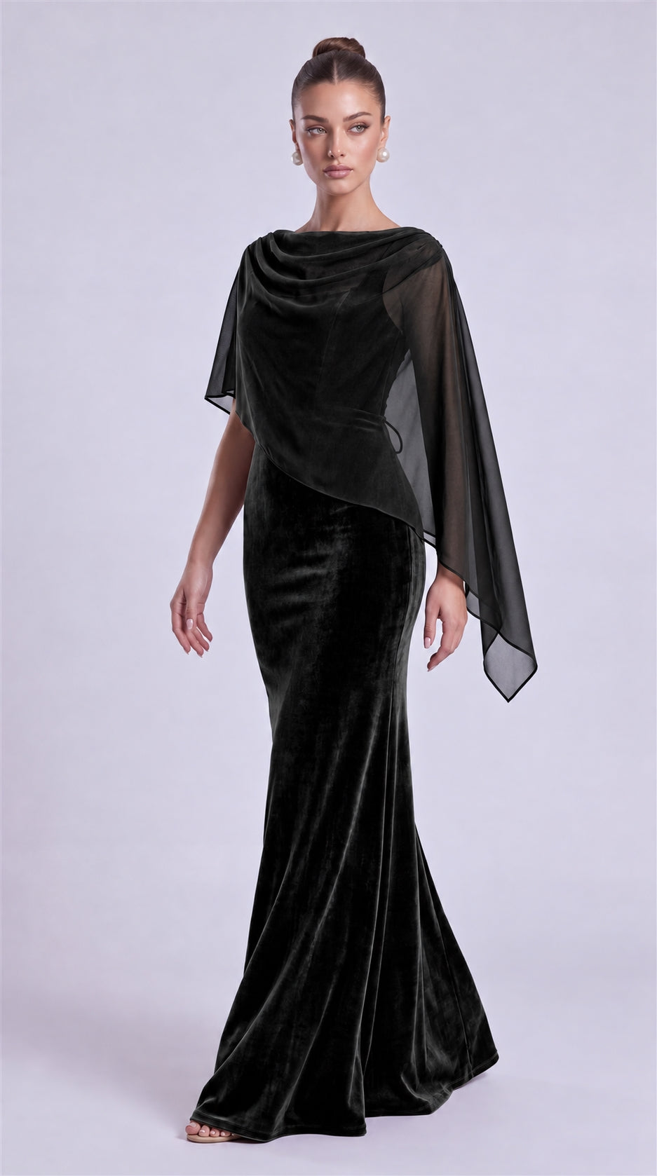 Black three-quarter front view of MEXMY velvet mermaid prom dress with chiffon cape