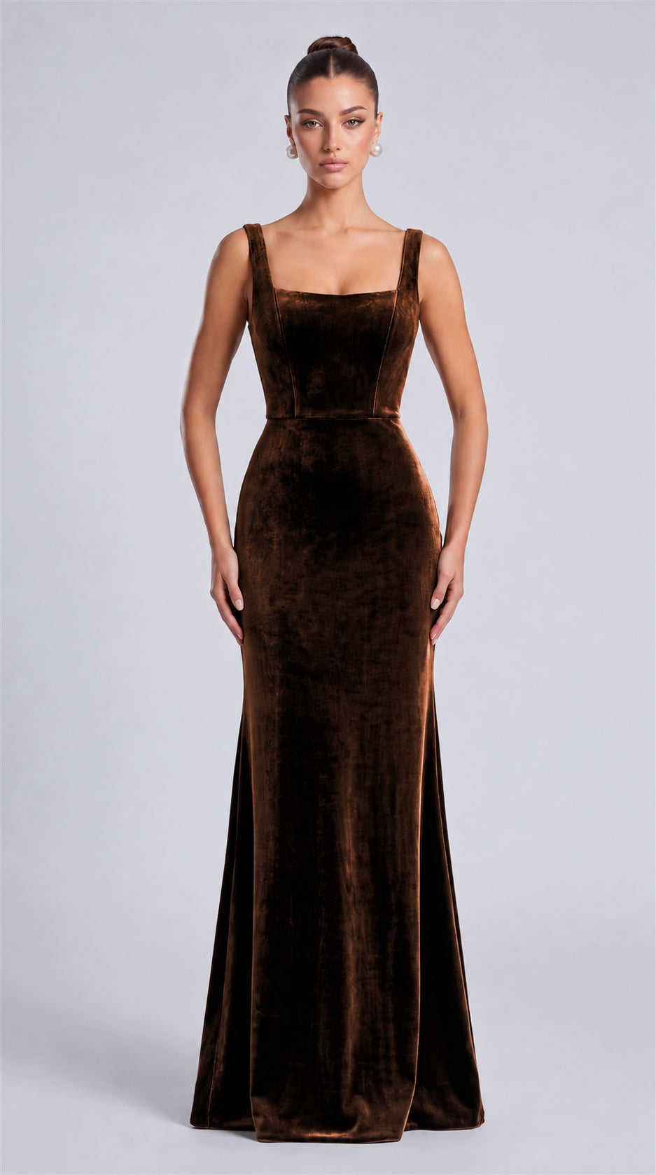 Brown front view of MEXMY square-neck velvet mermaid maxi dress