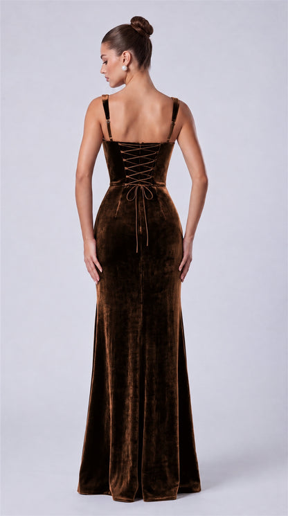 Brown back view showing lace-up corset and adjustable straps on MEXMY velvet mermaid gown