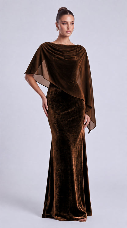 Brown front view of MEXMY velvet mermaid evening dress styled with sheer chiffon cape