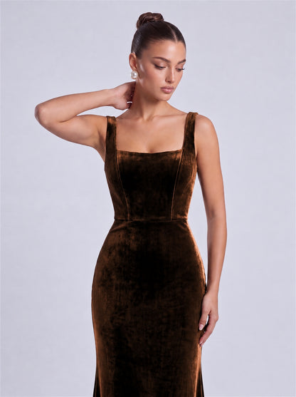 Brown close front view showing square neckline and wide straps on MEXMY velvet formal gown