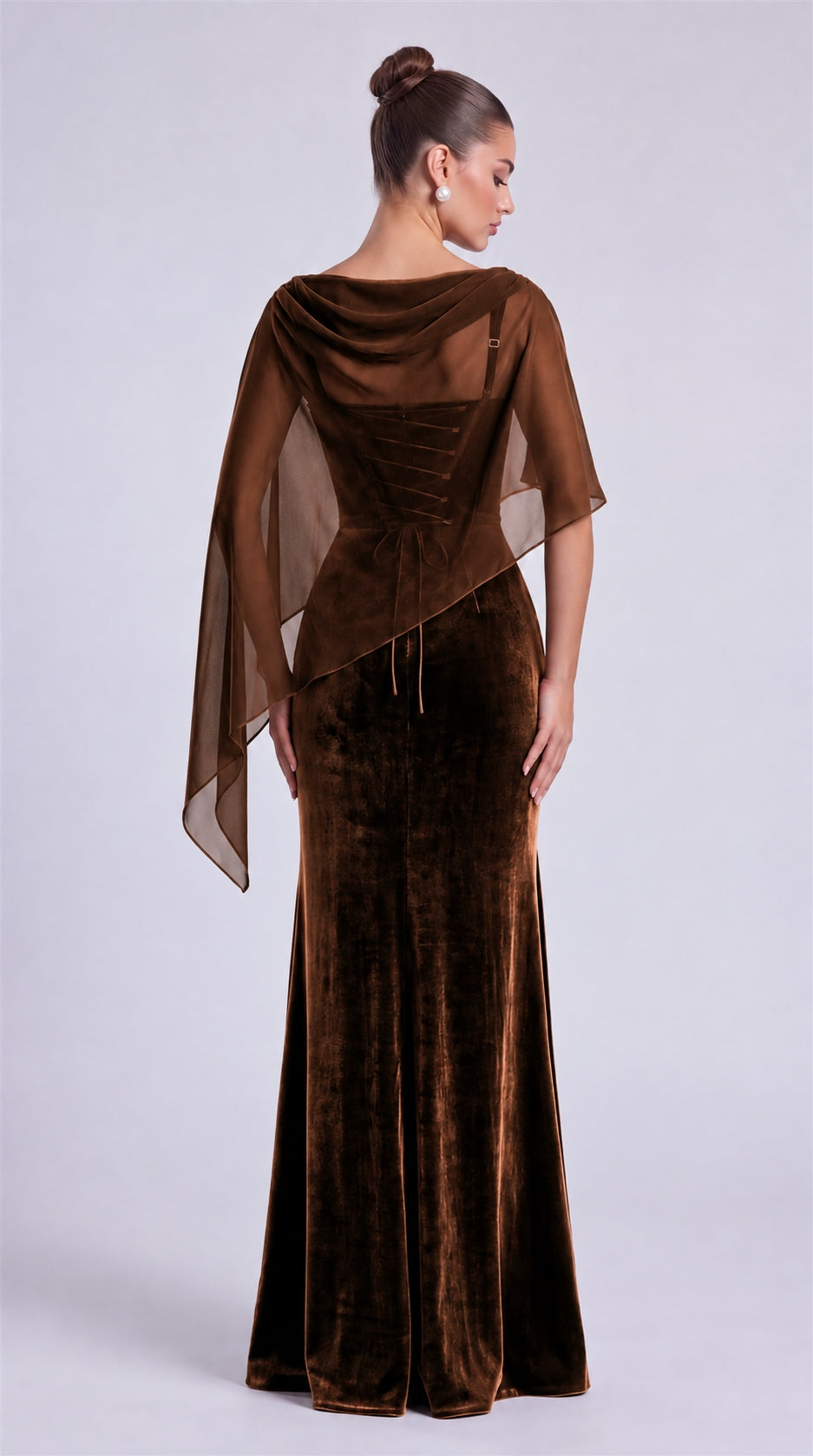 Brown rear view of MEXMY velvet mermaid gown with sheer chiffon cape
