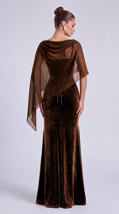 Brown rear view of MEXMY velvet mermaid gown with sheer chiffon cape