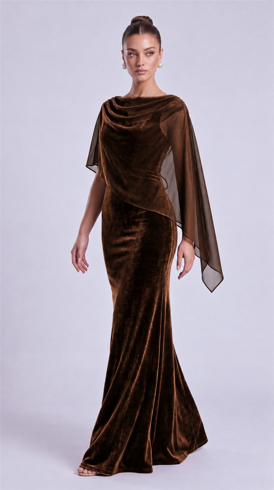 Brown three-quarter front view of MEXMY velvet mermaid prom dress with chiffon cape