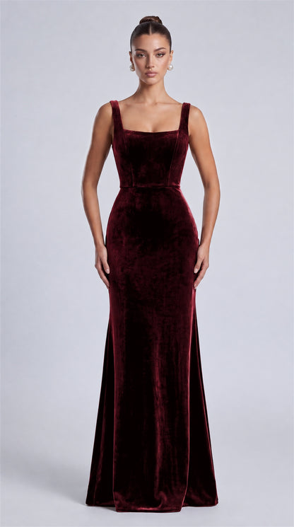 Burgundy front view of MEXMY square-neck velvet mermaid maxi dress