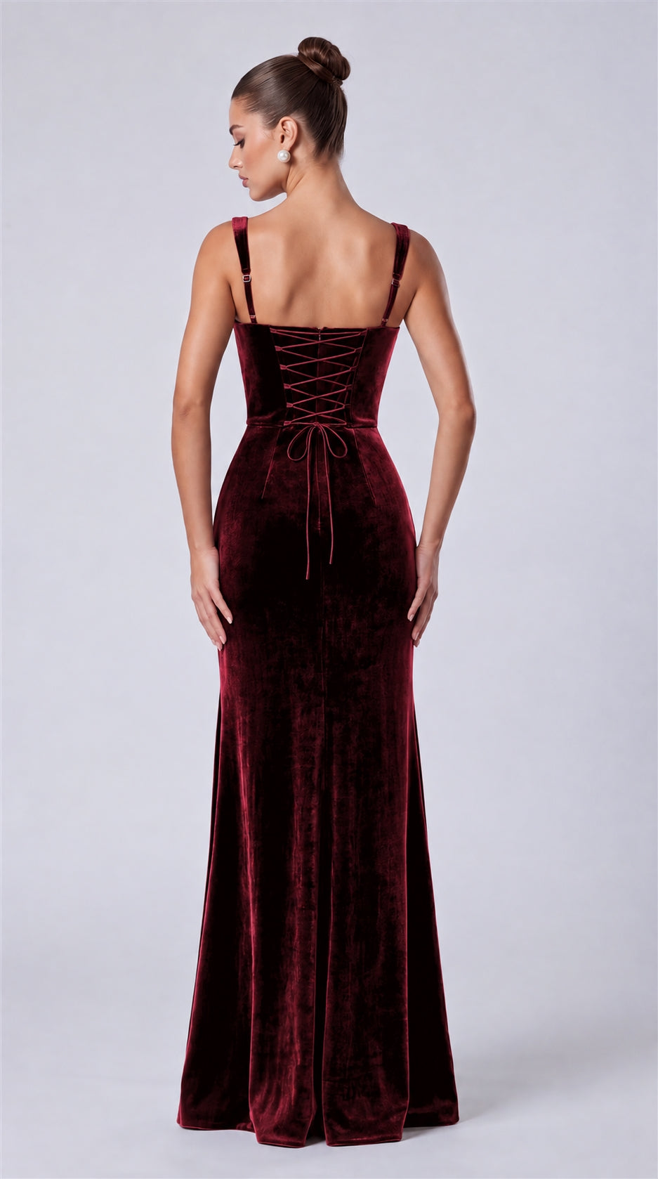 Burgundy back view showing lace-up corset and adjustable straps on MEXMY velvet mermaid gown