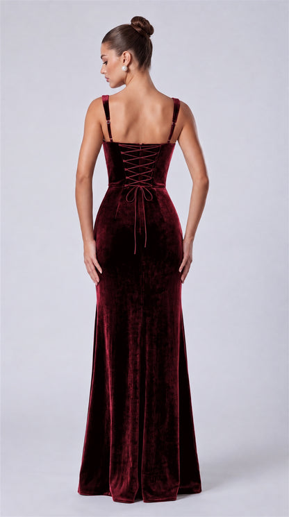 Burgundy back view showing lace-up corset and adjustable straps on MEXMY velvet mermaid gown