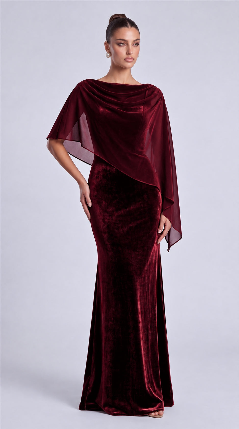 Burgundy front view of MEXMY velvet mermaid evening dress styled with sheer chiffon cape