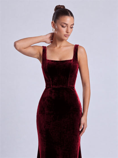 Burgundy close front view showing square neckline and wide straps on MEXMY velvet formal gown
