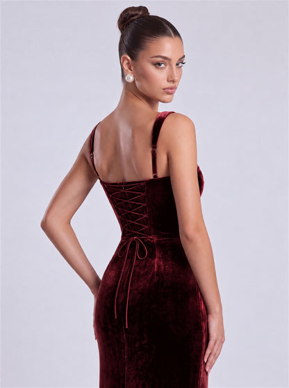 Burgundy close back view showing lace-up corset and adjustable straps on MEXMY velvet gown
