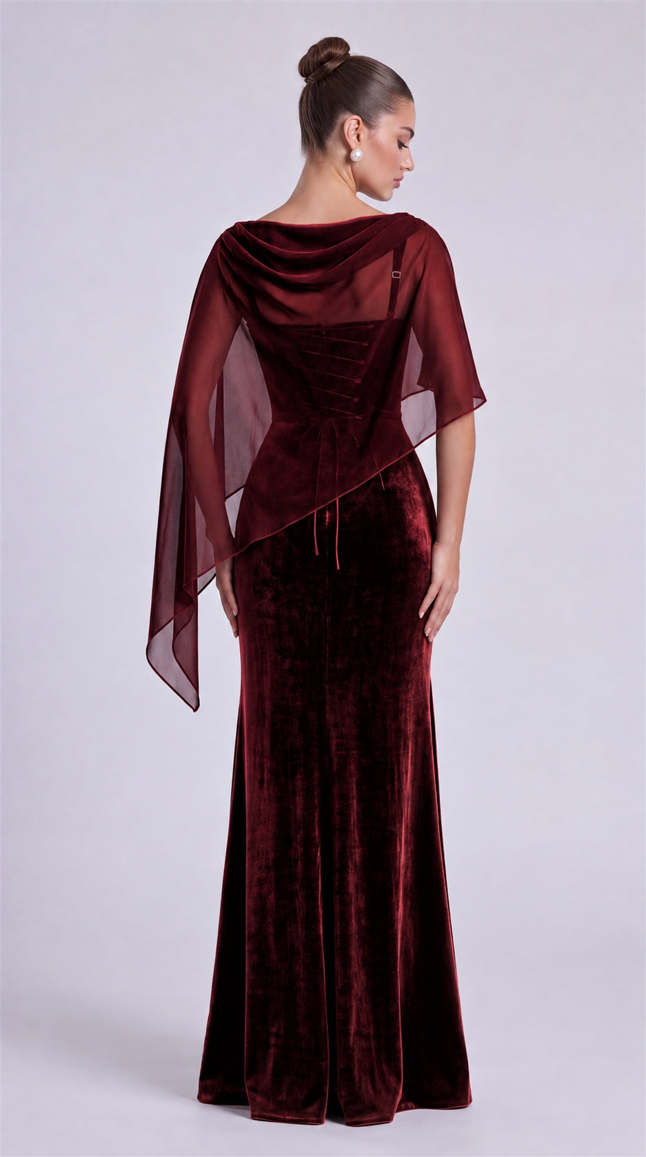 Burgundy rear view of MEXMY velvet mermaid gown with sheer chiffon cape