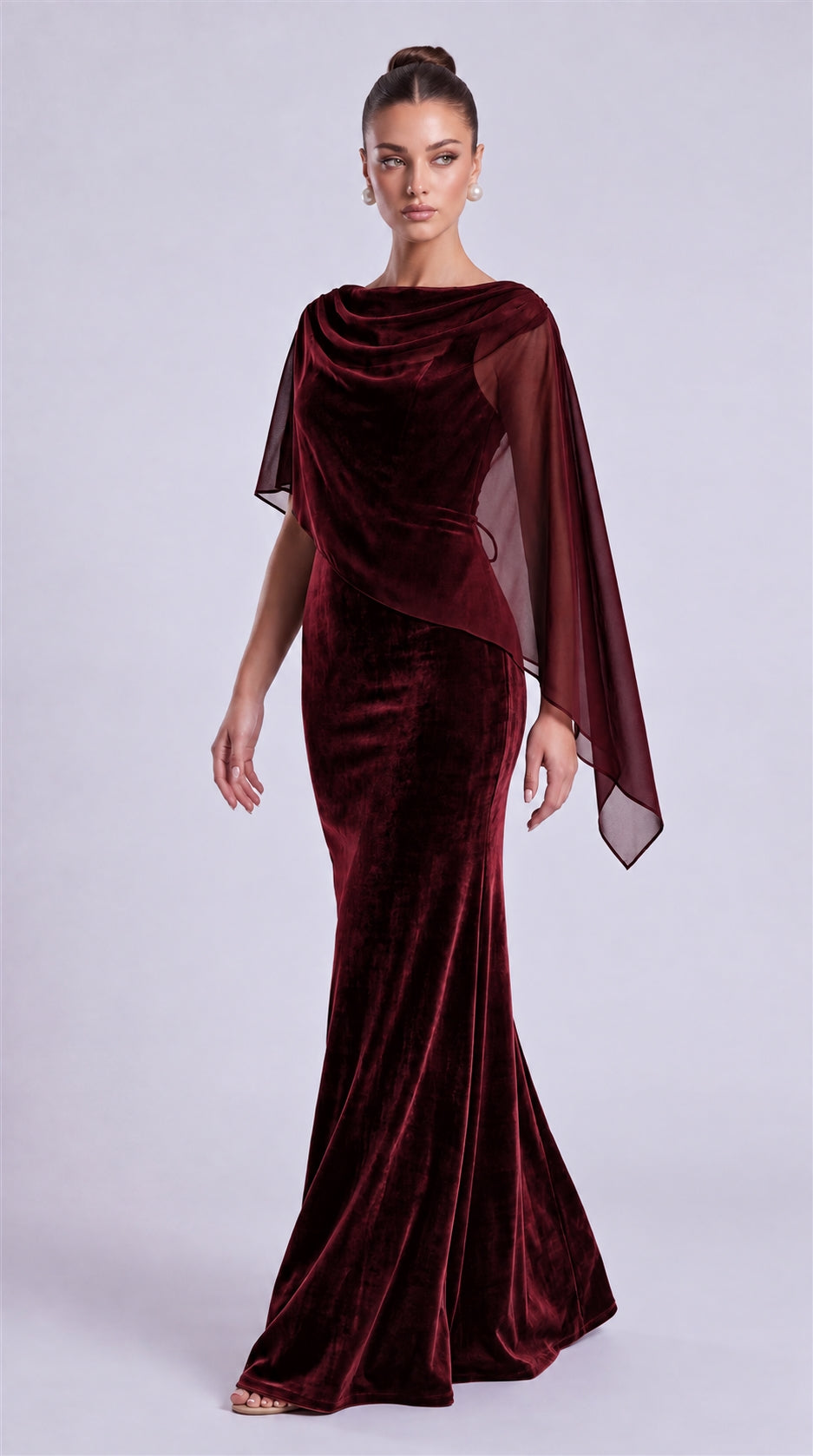 Burgundy three-quarter front view of MEXMY velvet mermaid prom dress with chiffon cape