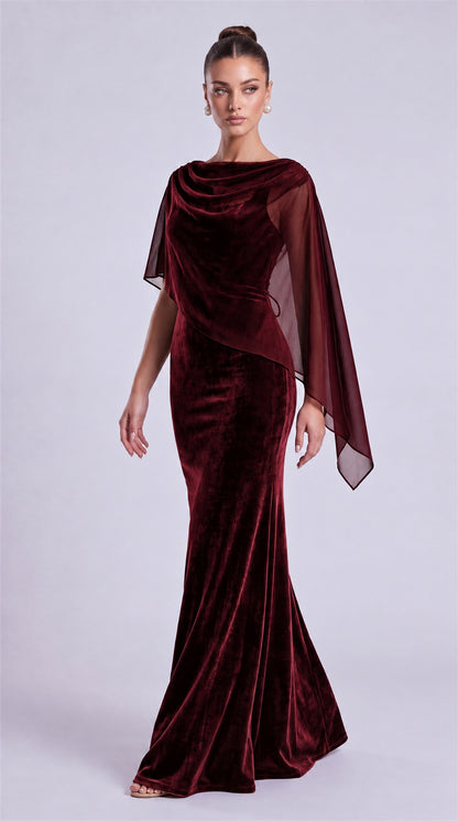 Burgundy three-quarter front view of MEXMY velvet mermaid prom dress with chiffon cape