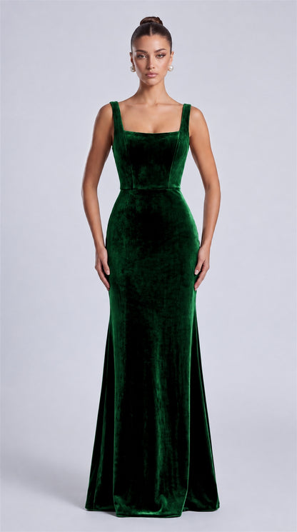 Emerald Green front view of MEXMY square-neck velvet mermaid maxi dress