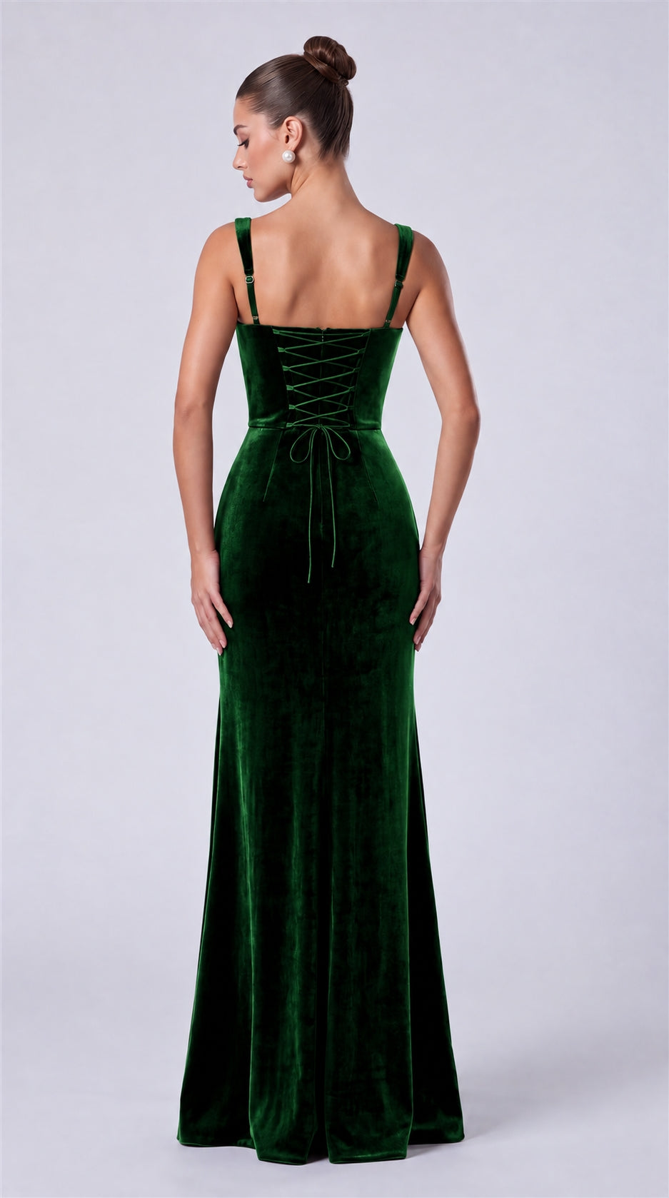 Emerald Green back view showing lace-up corset and adjustable straps on MEXMY velvet mermaid gown