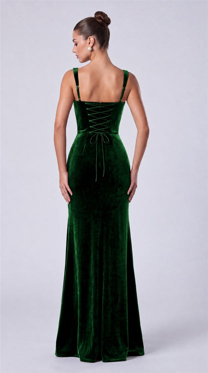 Emerald Green back view showing lace-up corset and adjustable straps on MEXMY velvet mermaid gown