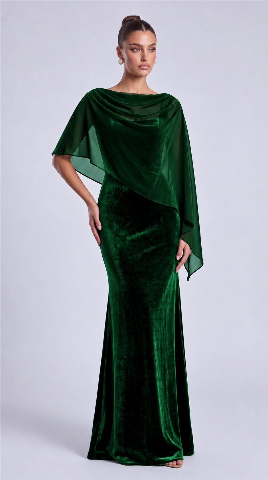 Emerald Green front view of MEXMY velvet mermaid evening dress styled with sheer chiffon cape