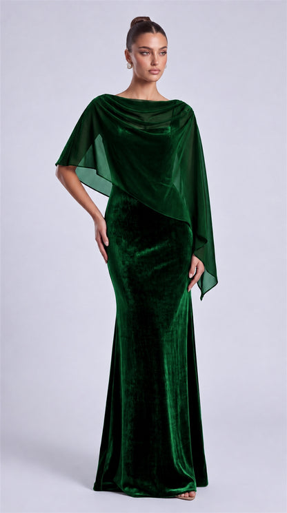 Emerald Green front view of MEXMY velvet mermaid evening dress styled with sheer chiffon cape