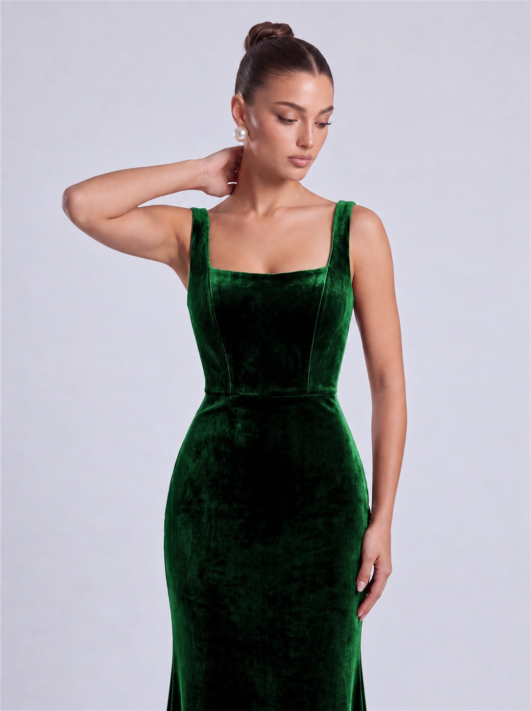 Emerald Green close front view showing square neckline and wide straps on MEXMY velvet formal gown