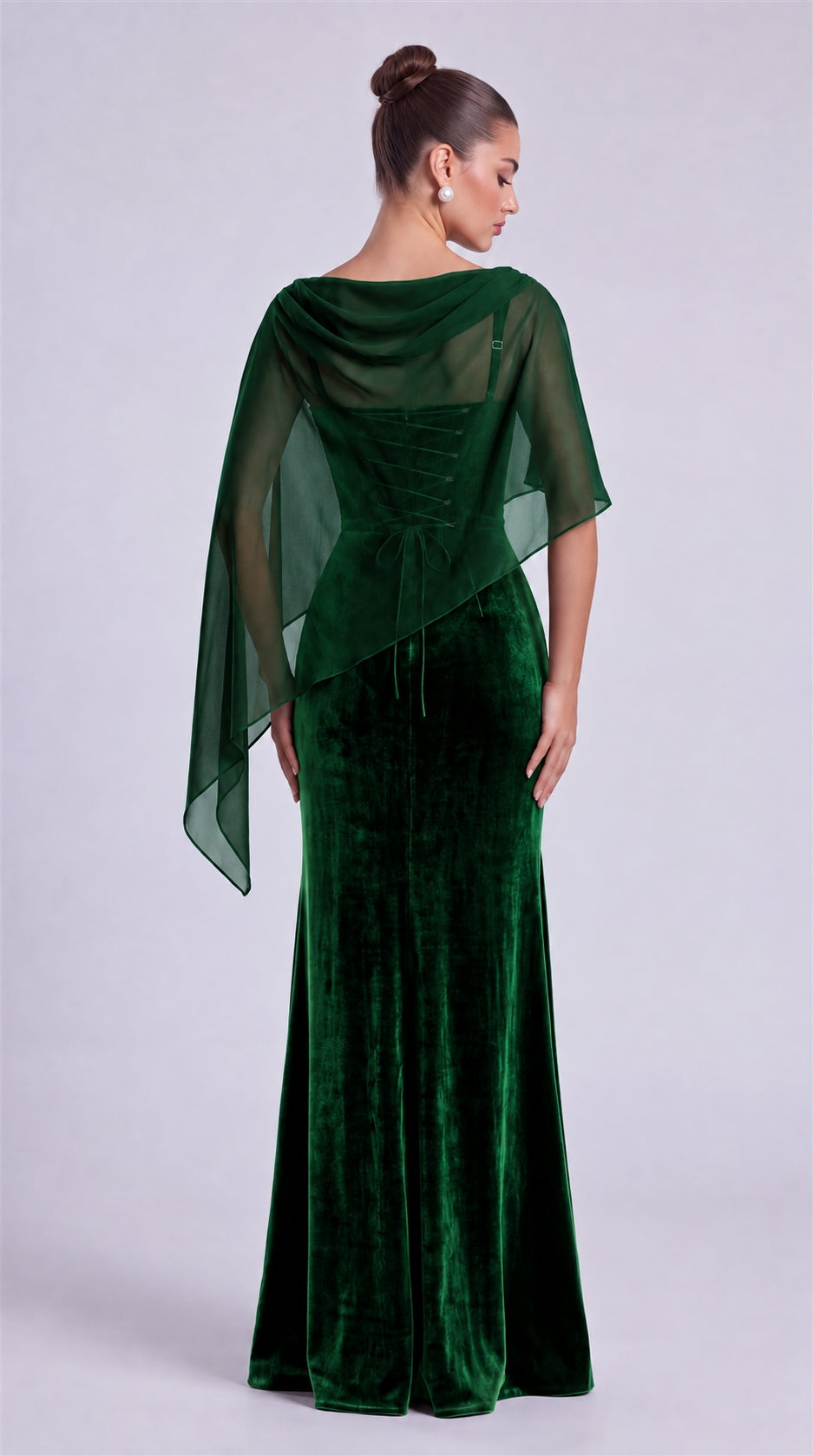 Emerald Green rear view of MEXMY velvet mermaid gown with sheer chiffon cape