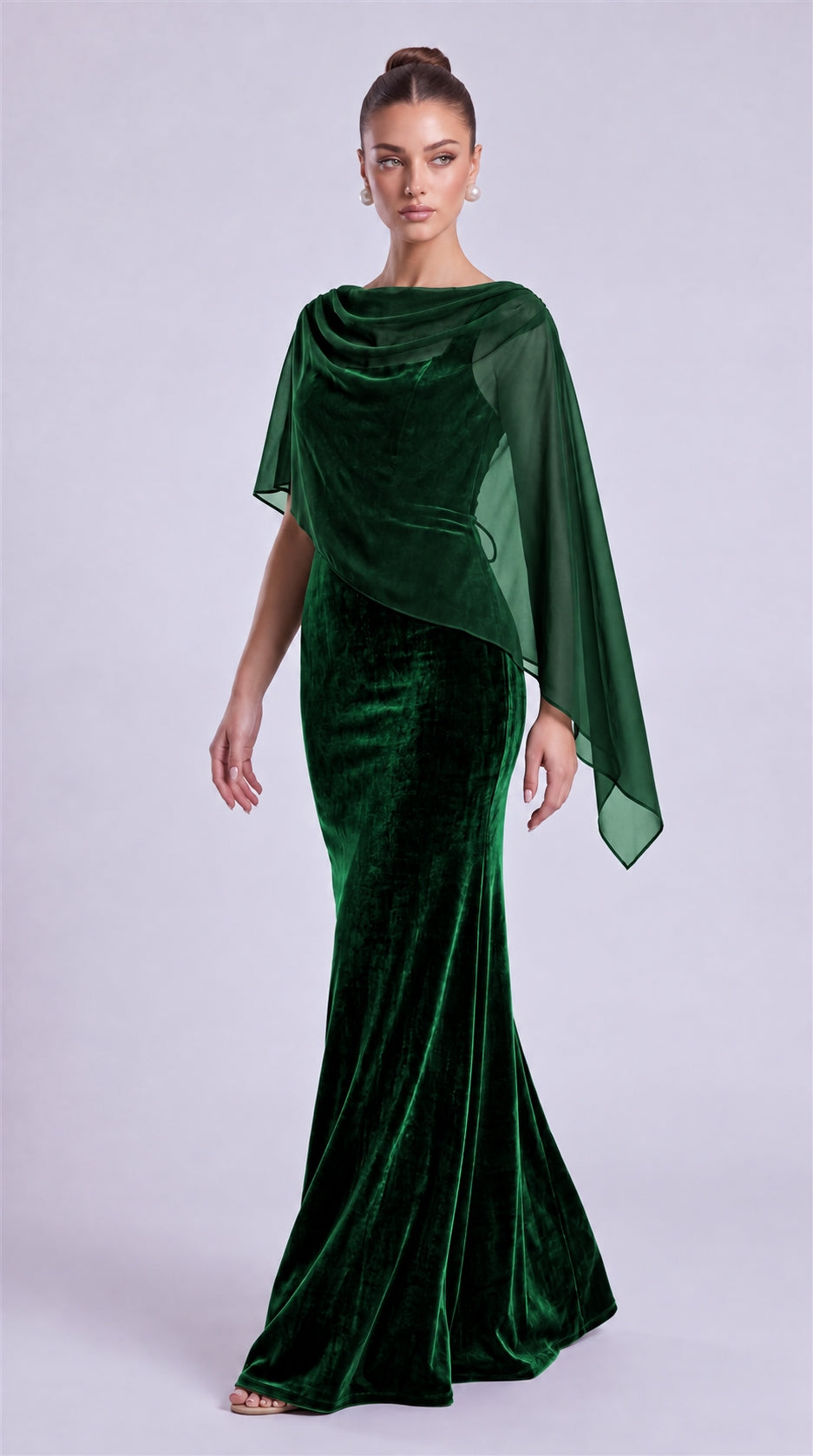 Emerald Green three-quarter front view of MEXMY velvet mermaid prom dress with chiffon cape