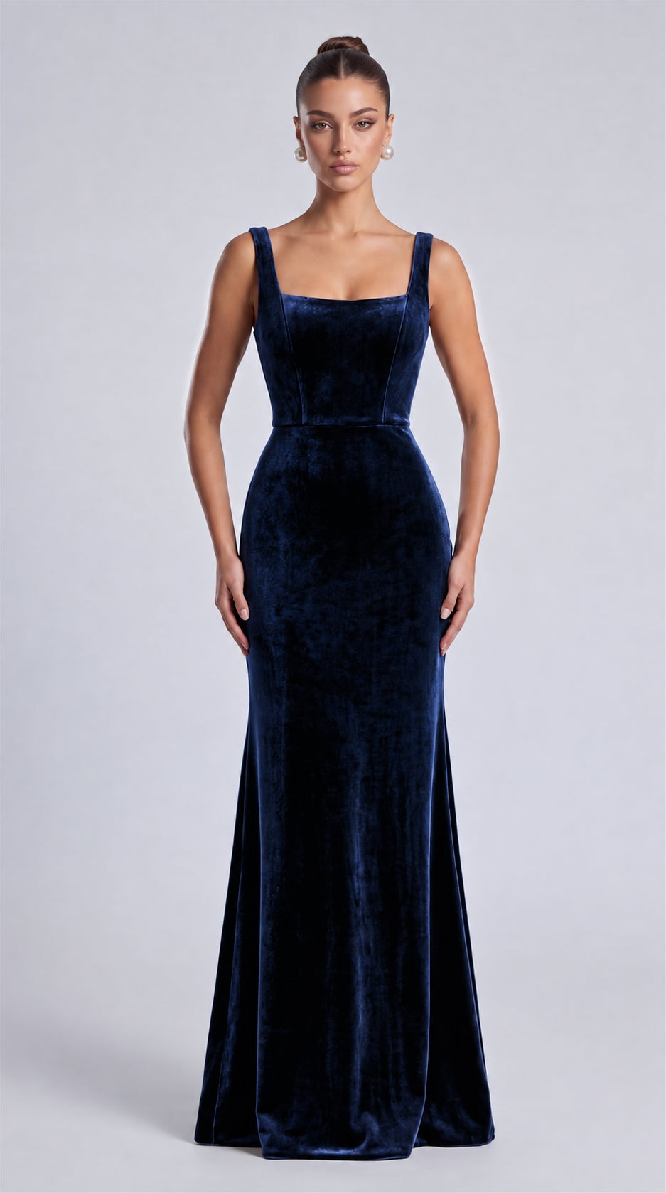 Navy Blue front view of MEXMY square-neck velvet mermaid maxi dress