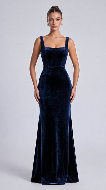 Navy Blue front view of MEXMY square-neck velvet mermaid maxi dress
