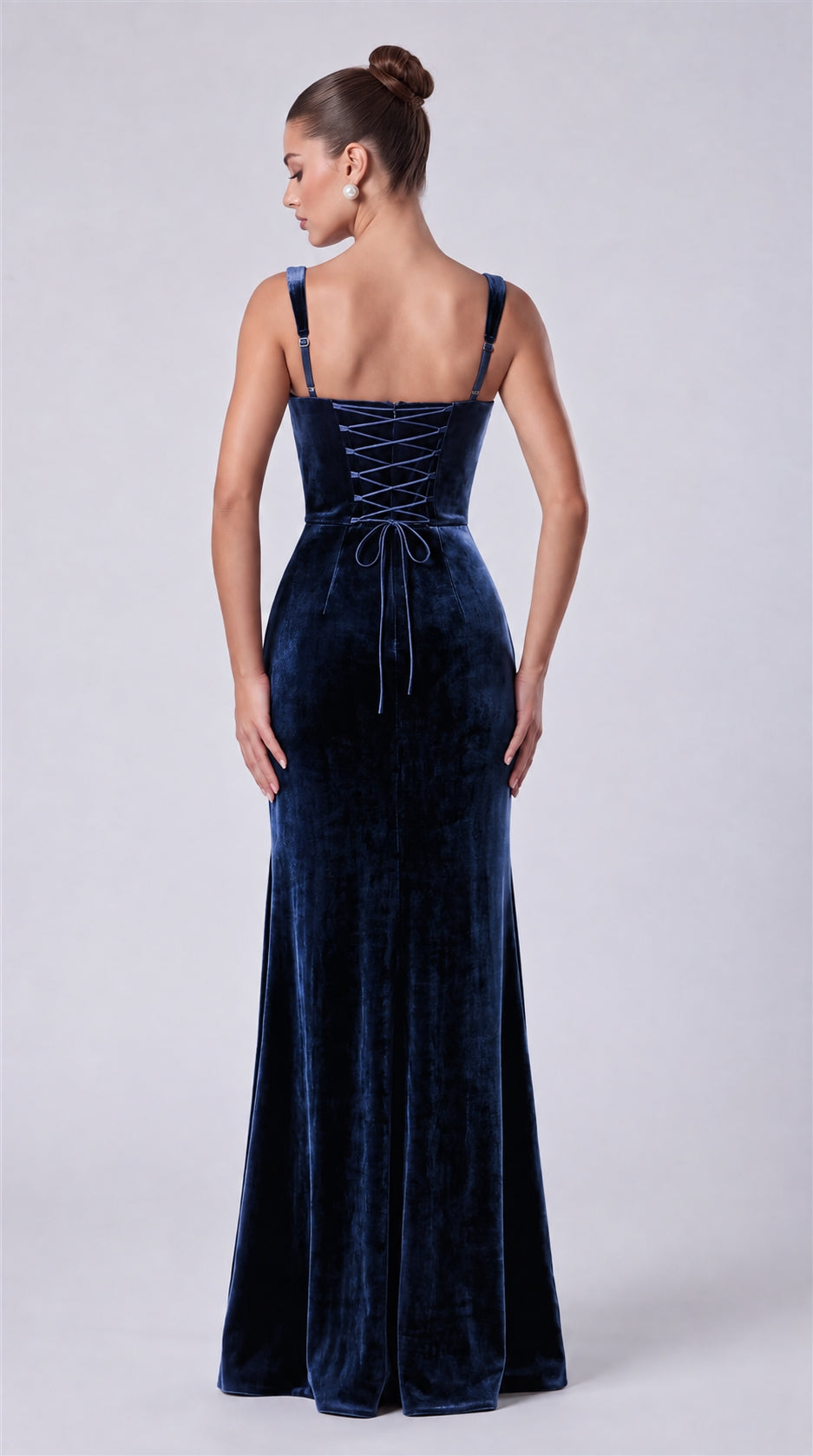 Navy Blue back view showing lace-up corset and adjustable straps on MEXMY velvet mermaid gown