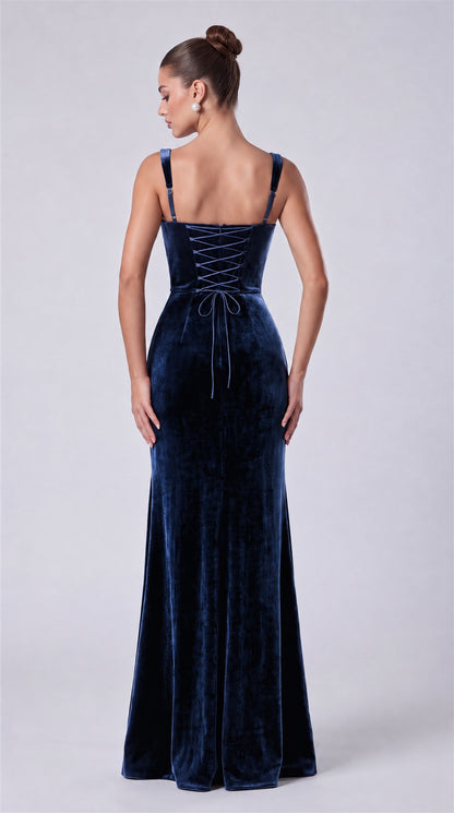 Navy Blue back view showing lace-up corset and adjustable straps on MEXMY velvet mermaid gown